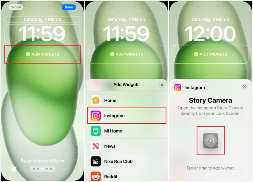 add Instagram Story camera widget to iOS lockscreen