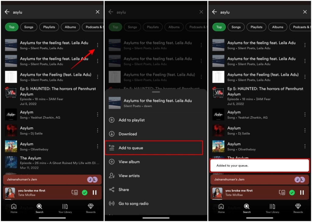 Add preferred songs to Jam playlist by tapping on Add to queue