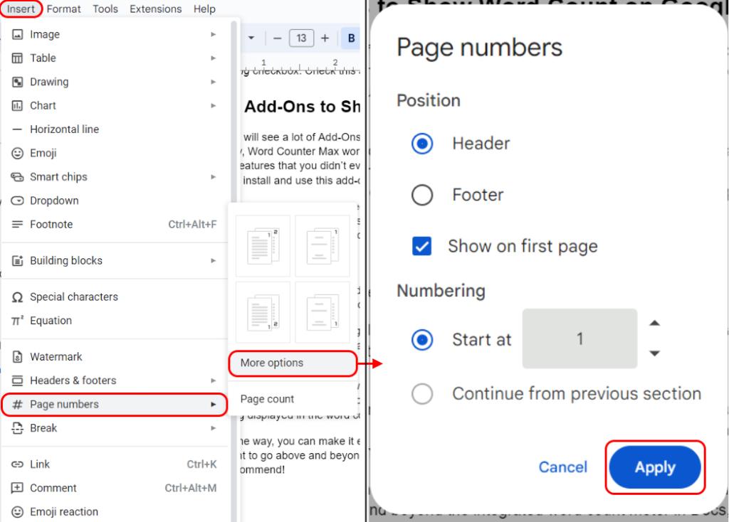 Advanced page numbering options Google Docs