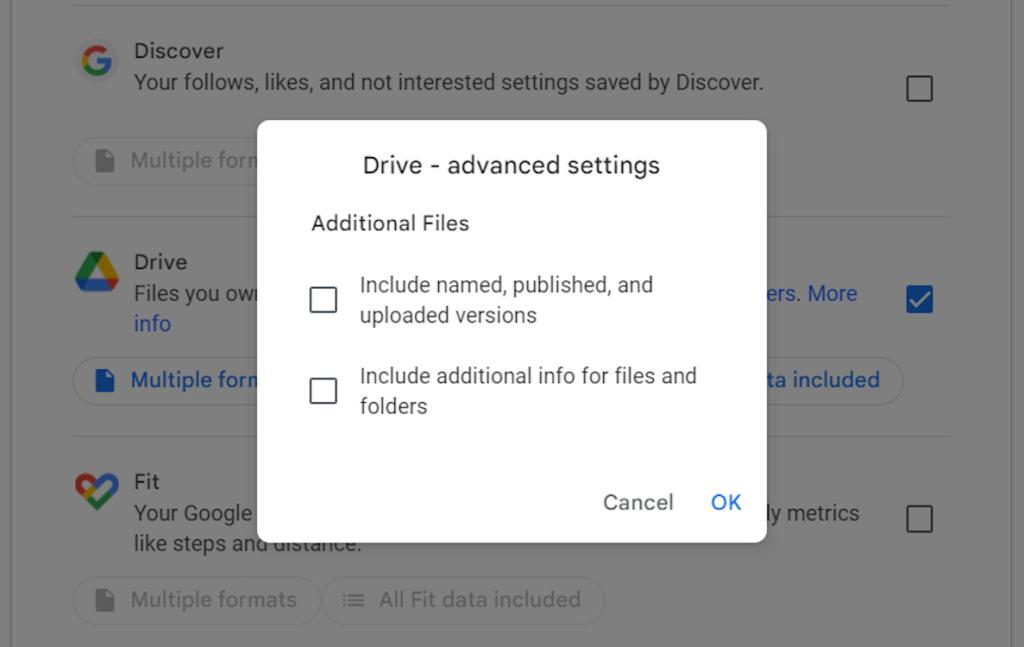 Advanced settings for Google Drive export data on Takeout