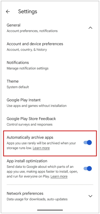 App archiving option in Google Play Store