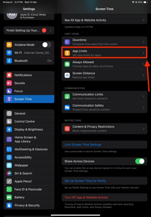 App Limits in Screen Time Settings iPad