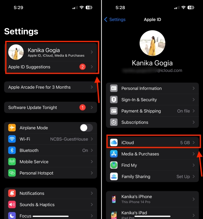 Access iCloud settings on iPhone