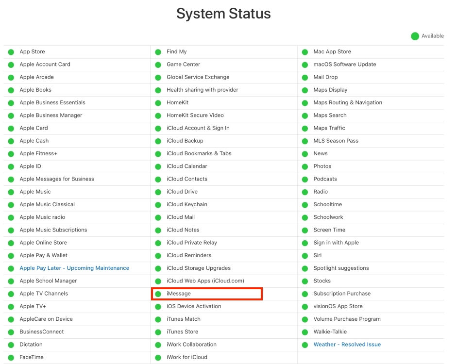 Check iMessage server status on Apple System Status Page
