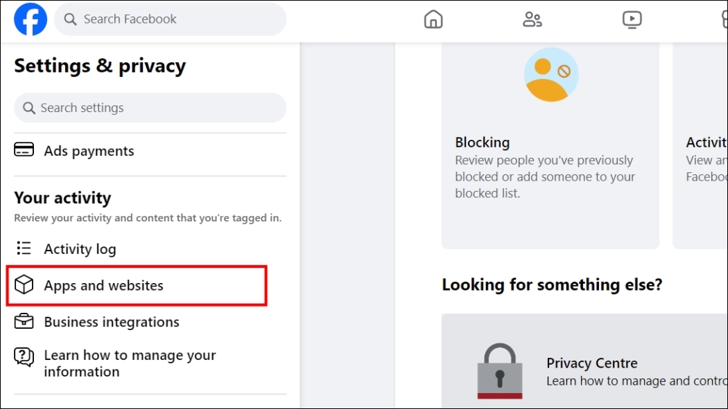 Head over to the Apps and Websites option in Your Activity section within Facebook settings