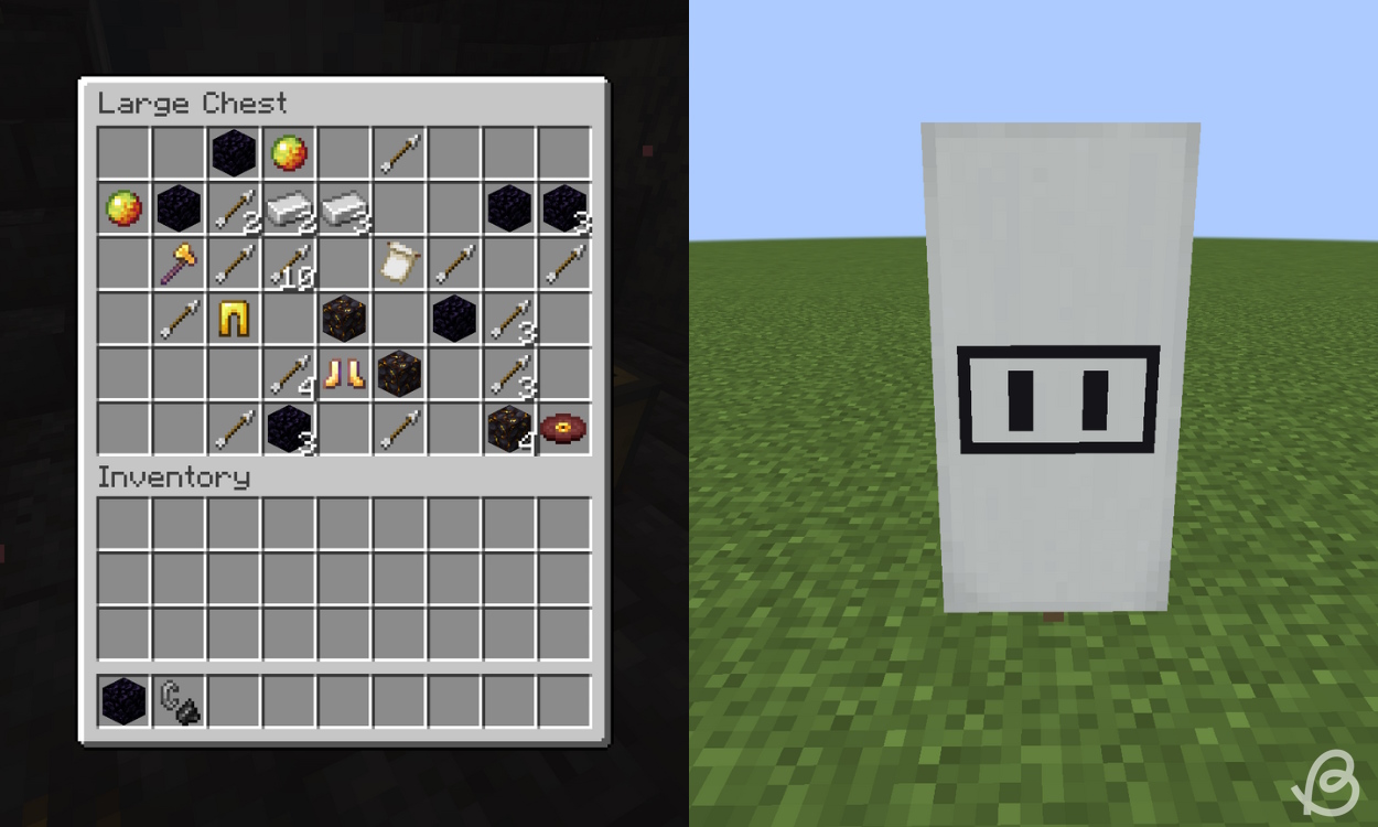 Bastion chest with the Snout banner pattern on the left and what it looks like on the right in Minecraft