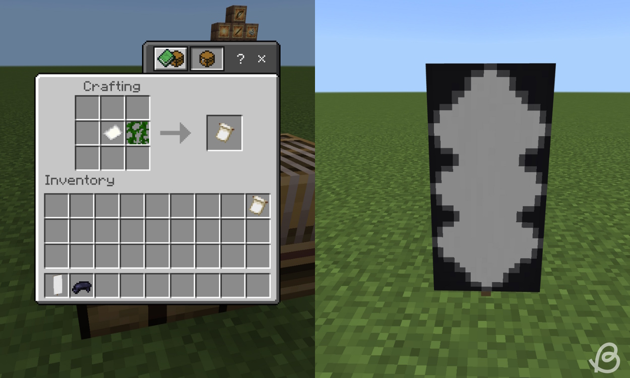 Crafting recipe for the Bordure Indented banner pattern on the left and what it looks like on the right in Minecraft