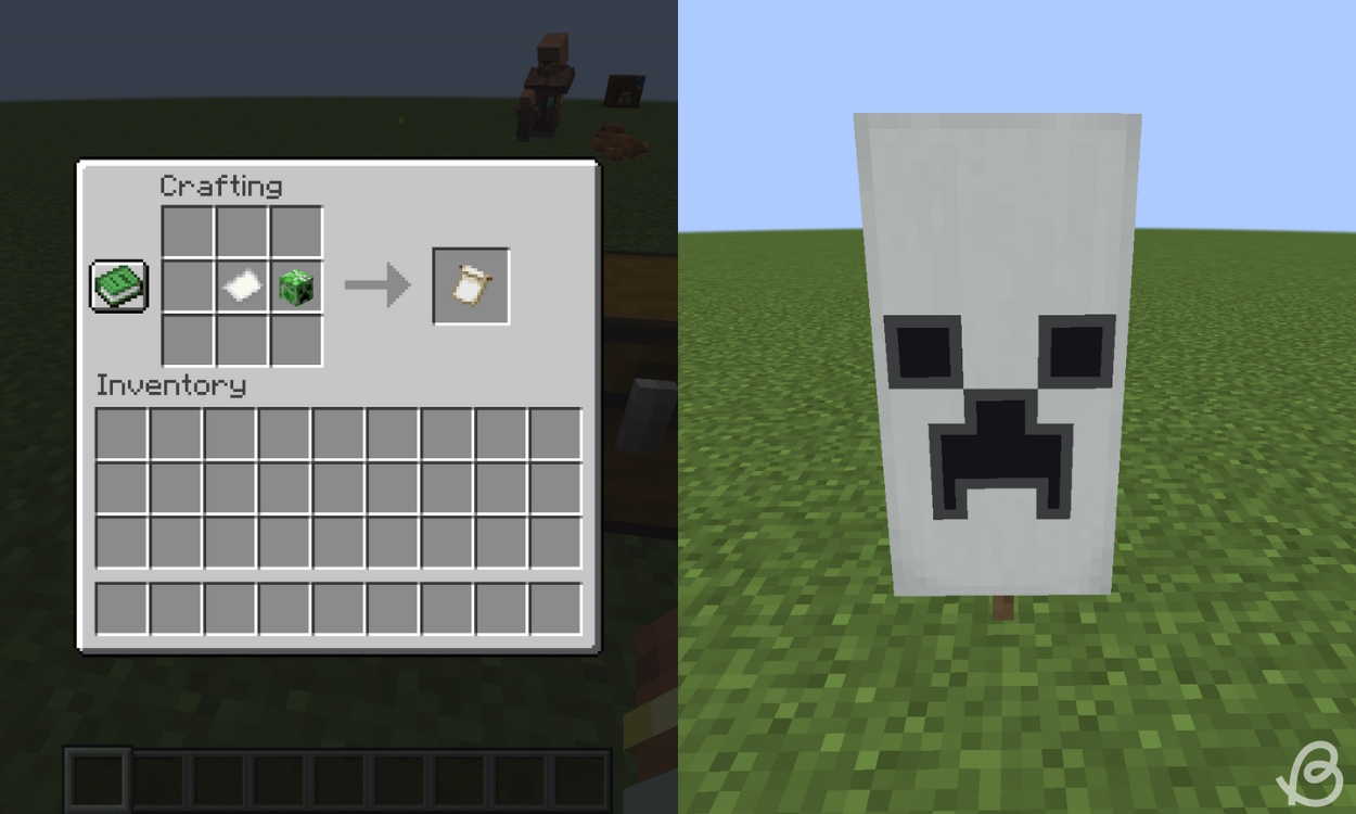 Crafting recipe for the Creeper Charge pattern and what it looks like on the right