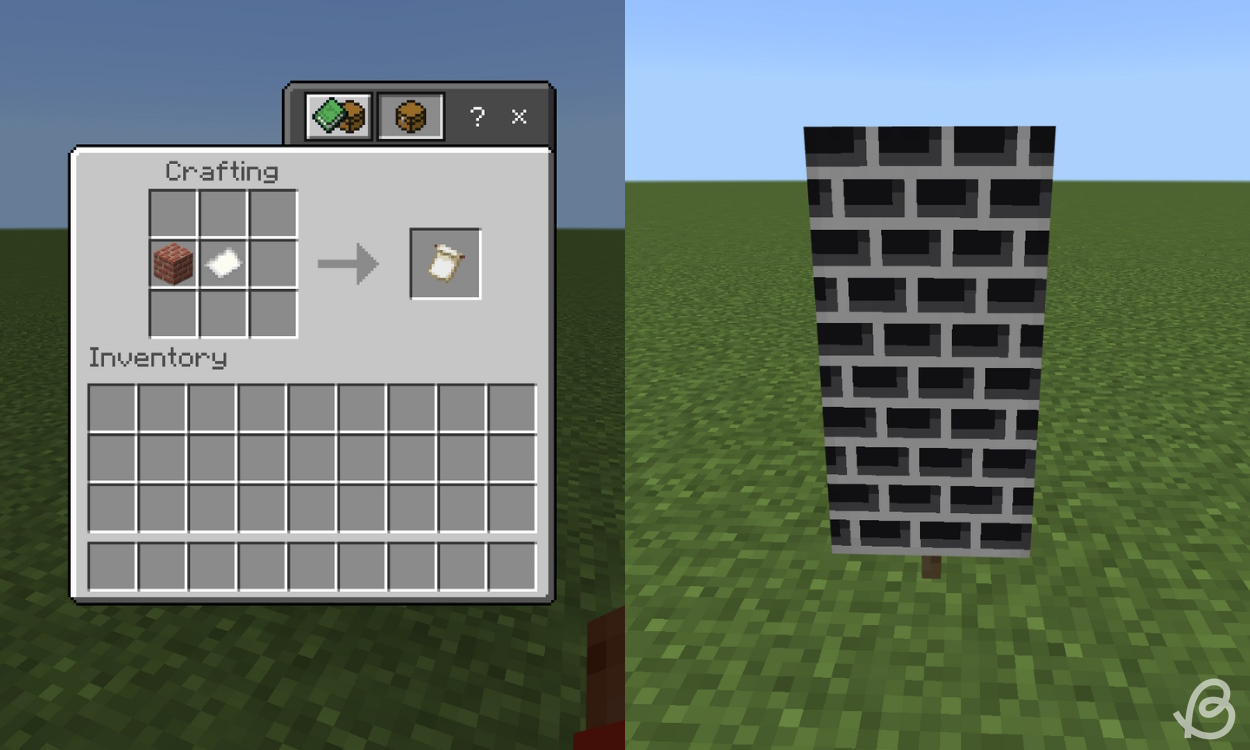 Crafting recipe for the Field Masoned pattern on the left and what it looks like on the right