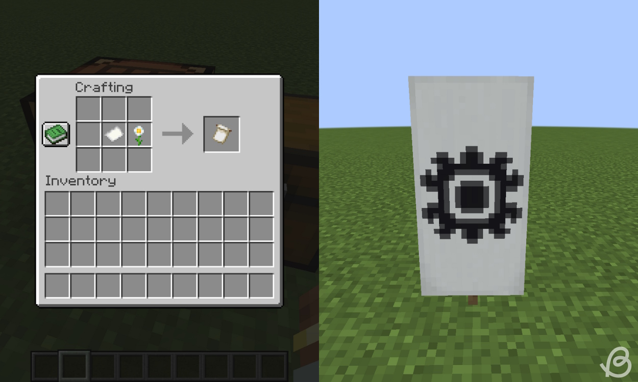 Crafting recipe for the Flower Charge banner pattern in Minecraft and that pattern applied onto a banner on the right