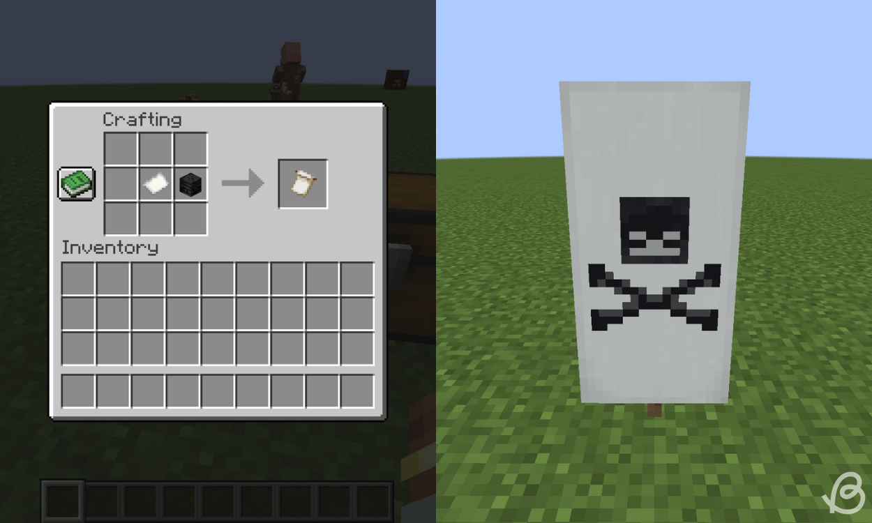 Crafting recipe for the Skull Charge pattern and what it looks like on the right in Minecraft