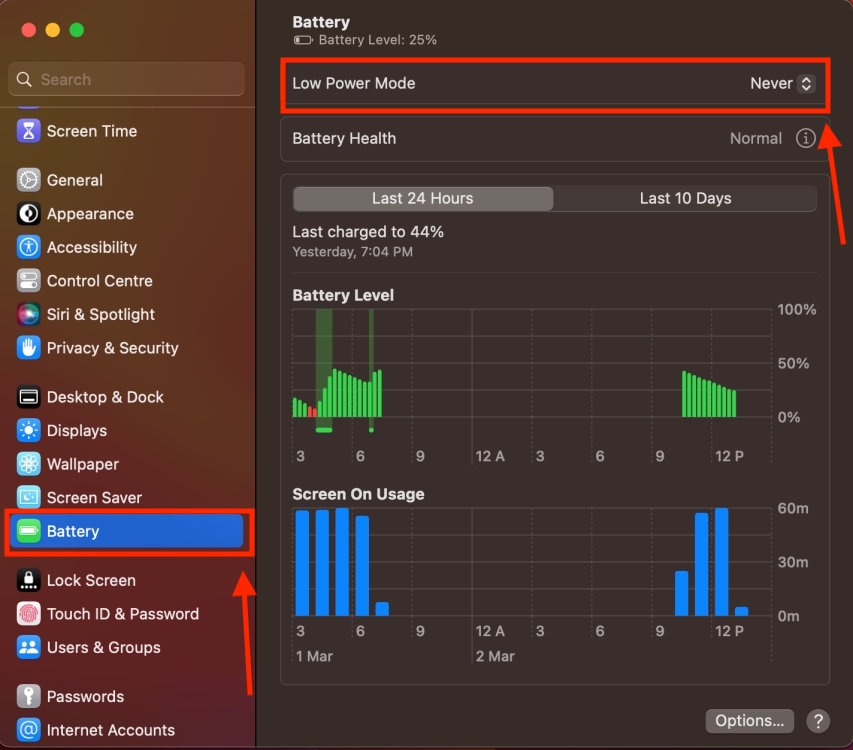 Battery Section in System Settings on Mac