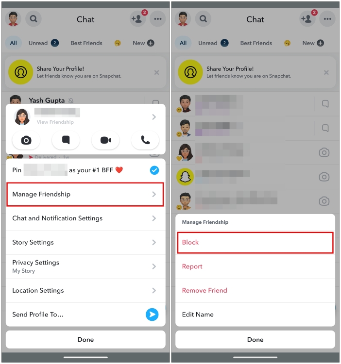 Confirm blocking user on Snapchat