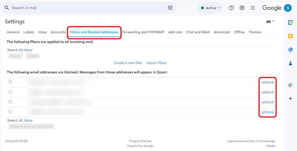 Filters and Blocked Addresses in the Gmail web version