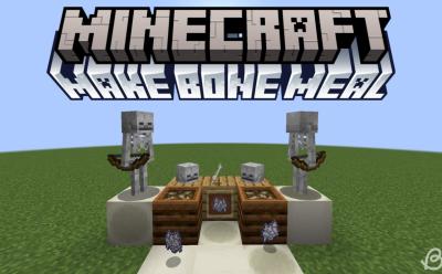 Skeletons on top of bone blocks, filled composters next to them and bone and bone meal items around in Minecraft