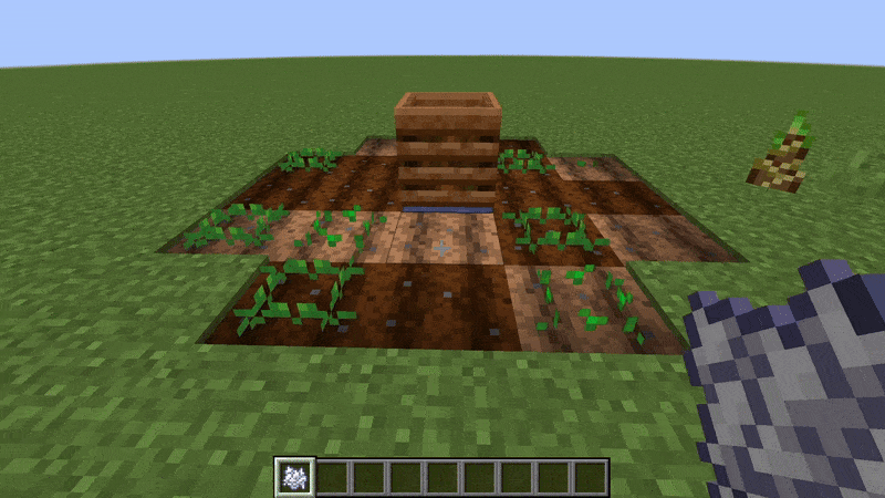 Player using bone meal to grow crops, bamboo and tall grass