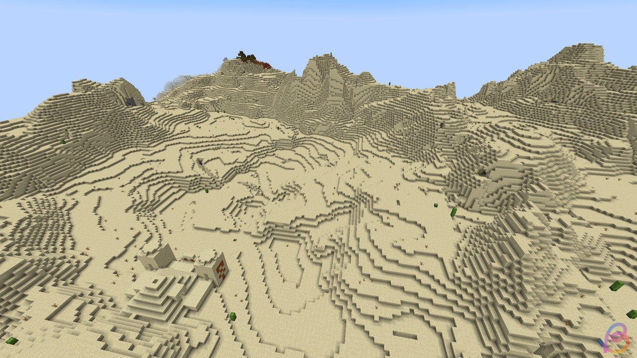 Building seed with a giant desert biome with lots of flat and hilly areas in Minecraft