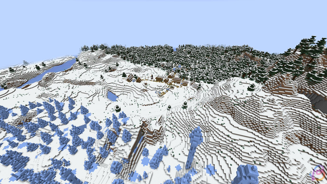 Village in a snowy plains biome and ice spikes and a snowy taiga on either side