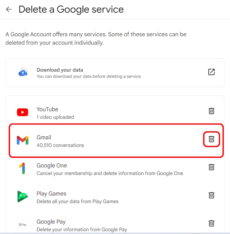 Button to delete a Google Service via the web