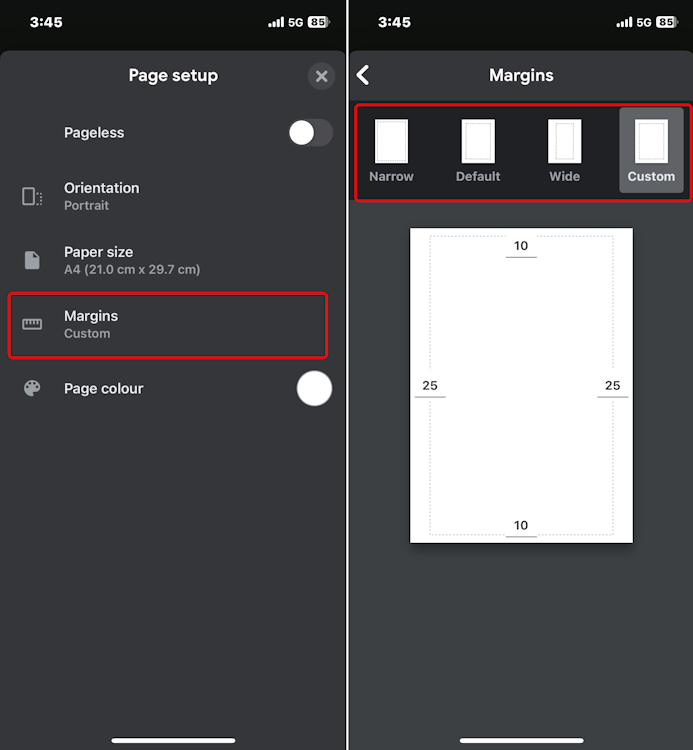 Changing the margins on iOS Google Docs