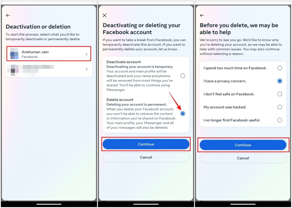Choose the Facebook profile to Delete and then choose the reason for deleting it