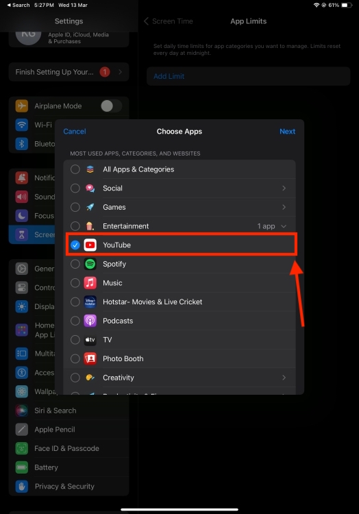 Choose YouTube from the List of Apps You Wish to Set a Time Limit For