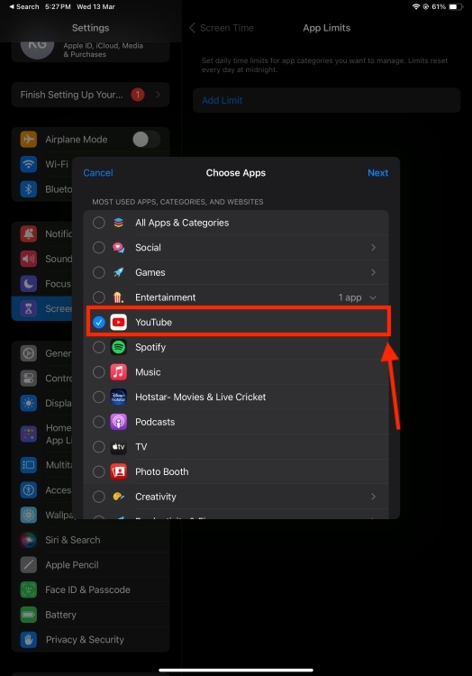 Choose YouTube from the List of Apps You Wish to Set a Time Limit For