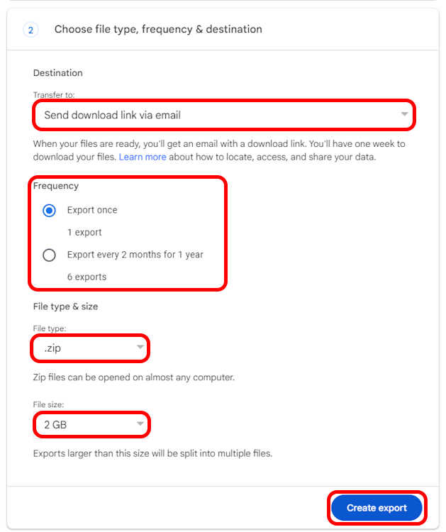 Choose file type frequency and destination tab on Takeout