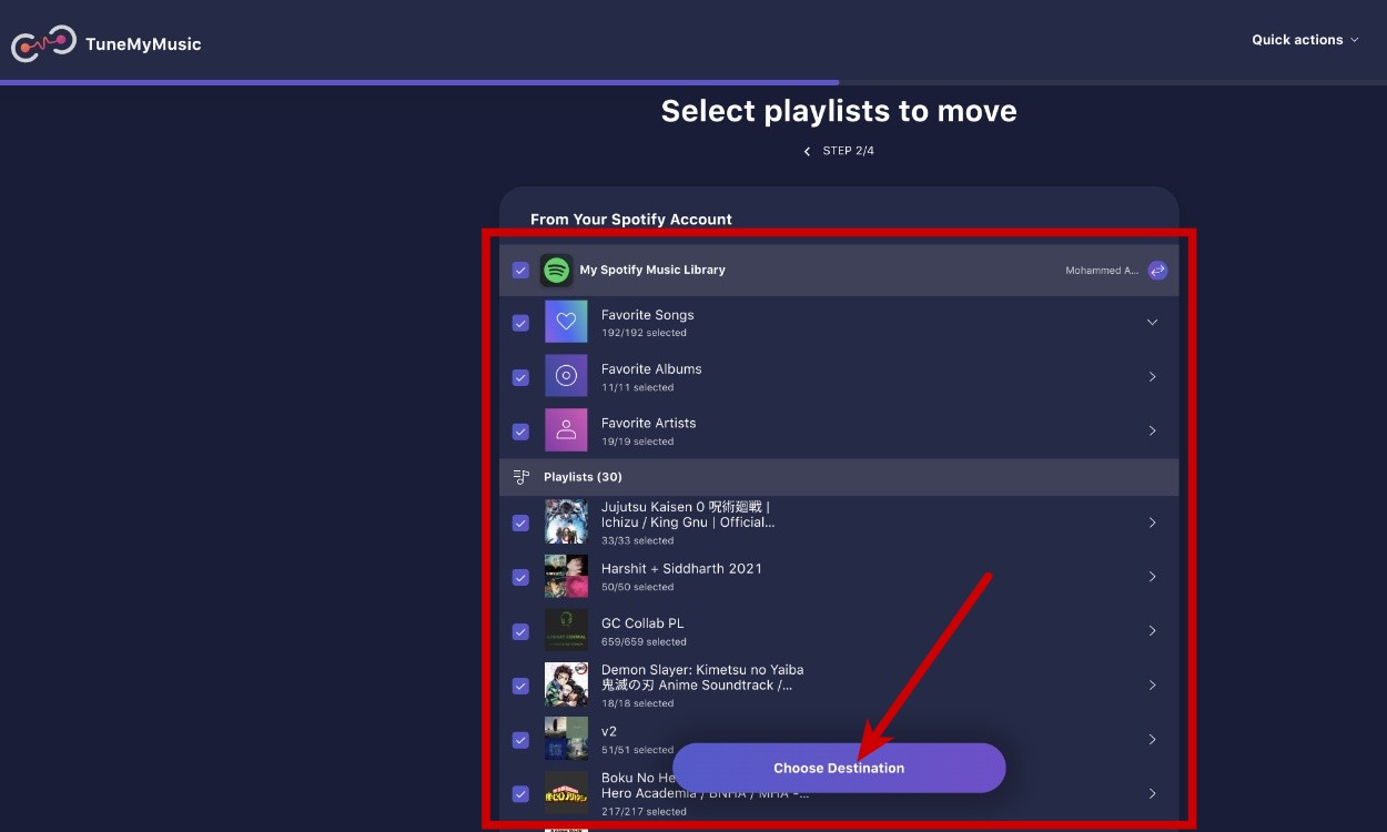 Choose the playlists you want to transfer
