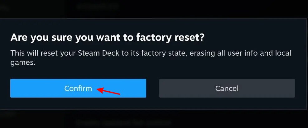 Confirm Option Steam Reset 