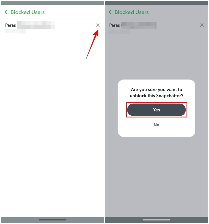 Confirm unblocking users on Snapchat