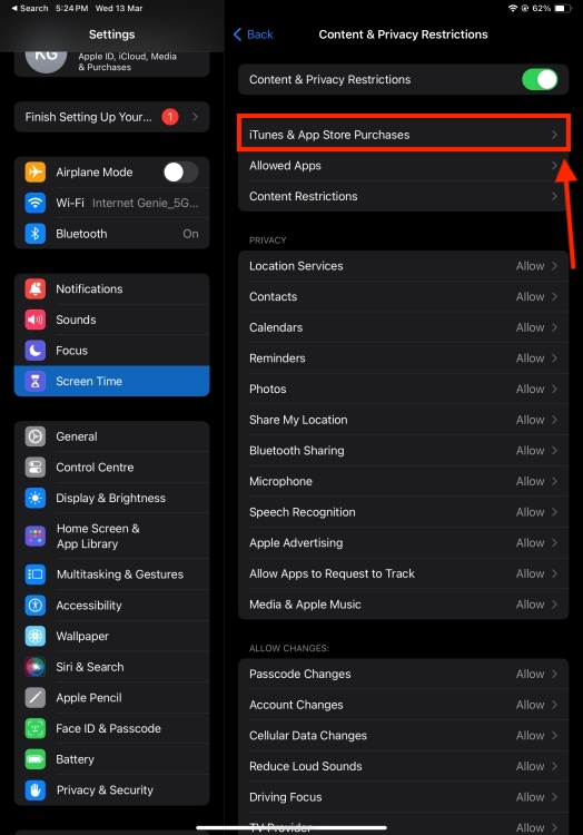 Content & Privacy Restrictions section on iPad