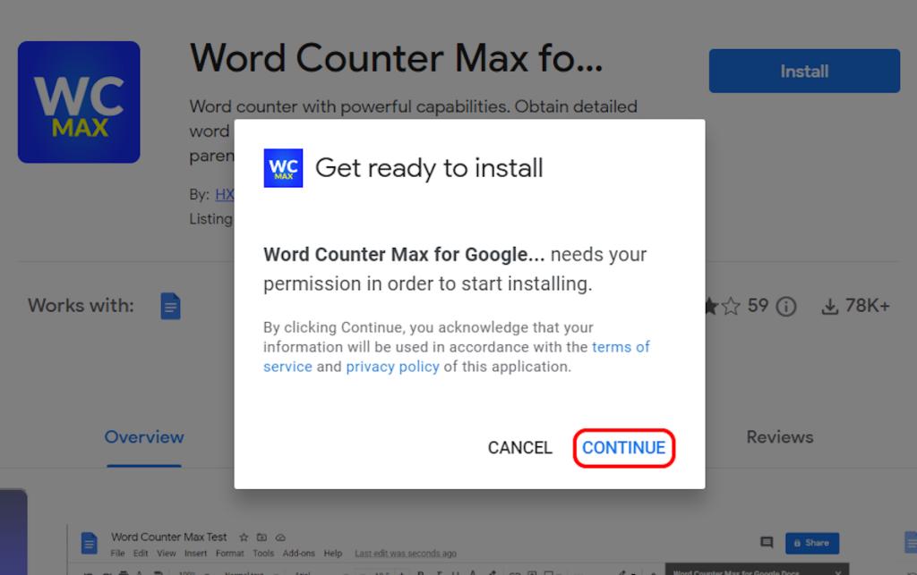 Continuing to install Word Counter Max add-on for Docs
