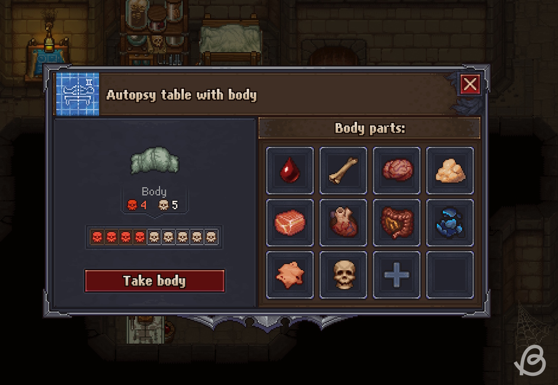 Corpse menu showing every available body part in Graveyard Keeper