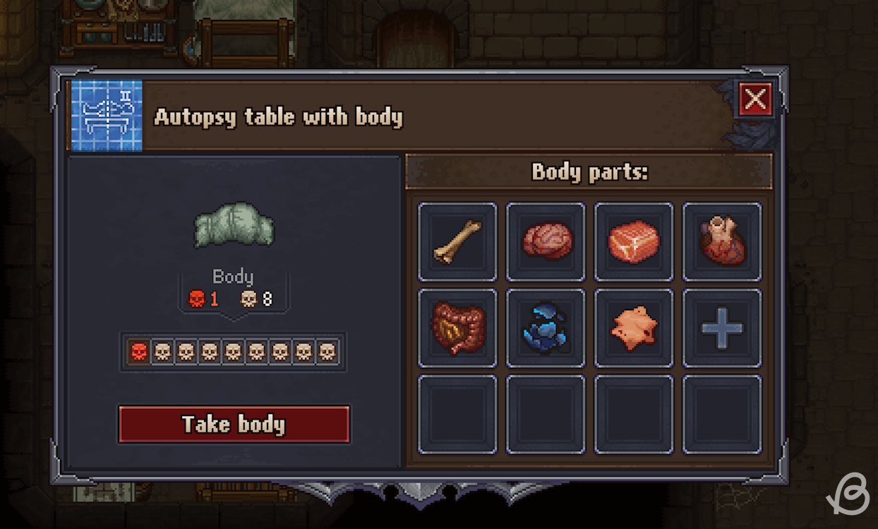 Removed a skull so the corpse has one red skull and 8 white skulls in Graveyard Keeper