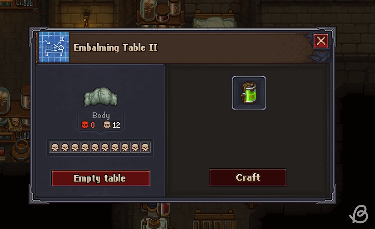 After adding the embalming liquids the corpse has 12 white skulls in Graveyard Keeper