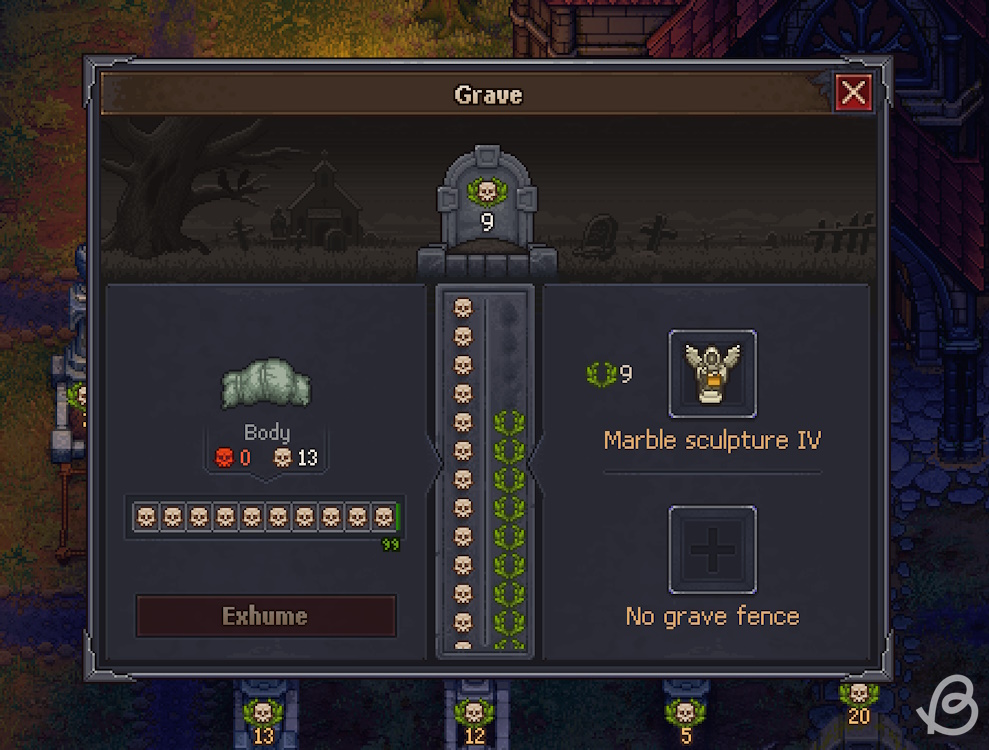 Corpse has 13 white skulls and the player added a gravestone with 9 gravestone points