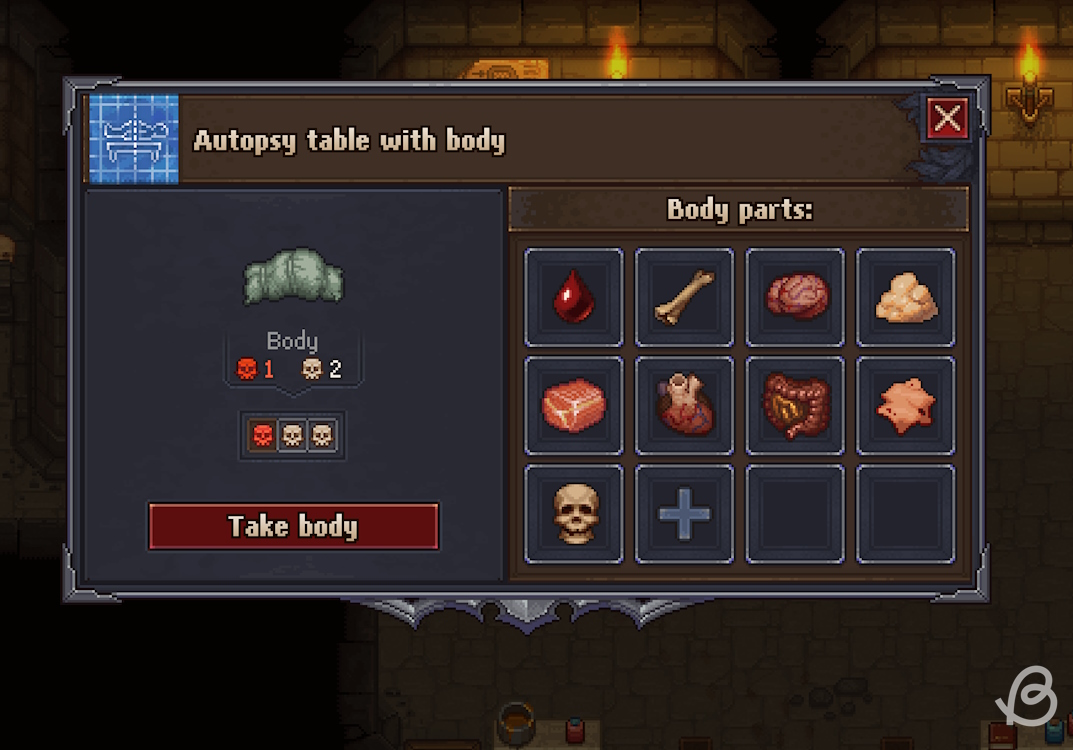 Early game corpse with one red skull and two white skulls in Graveyard Keeper