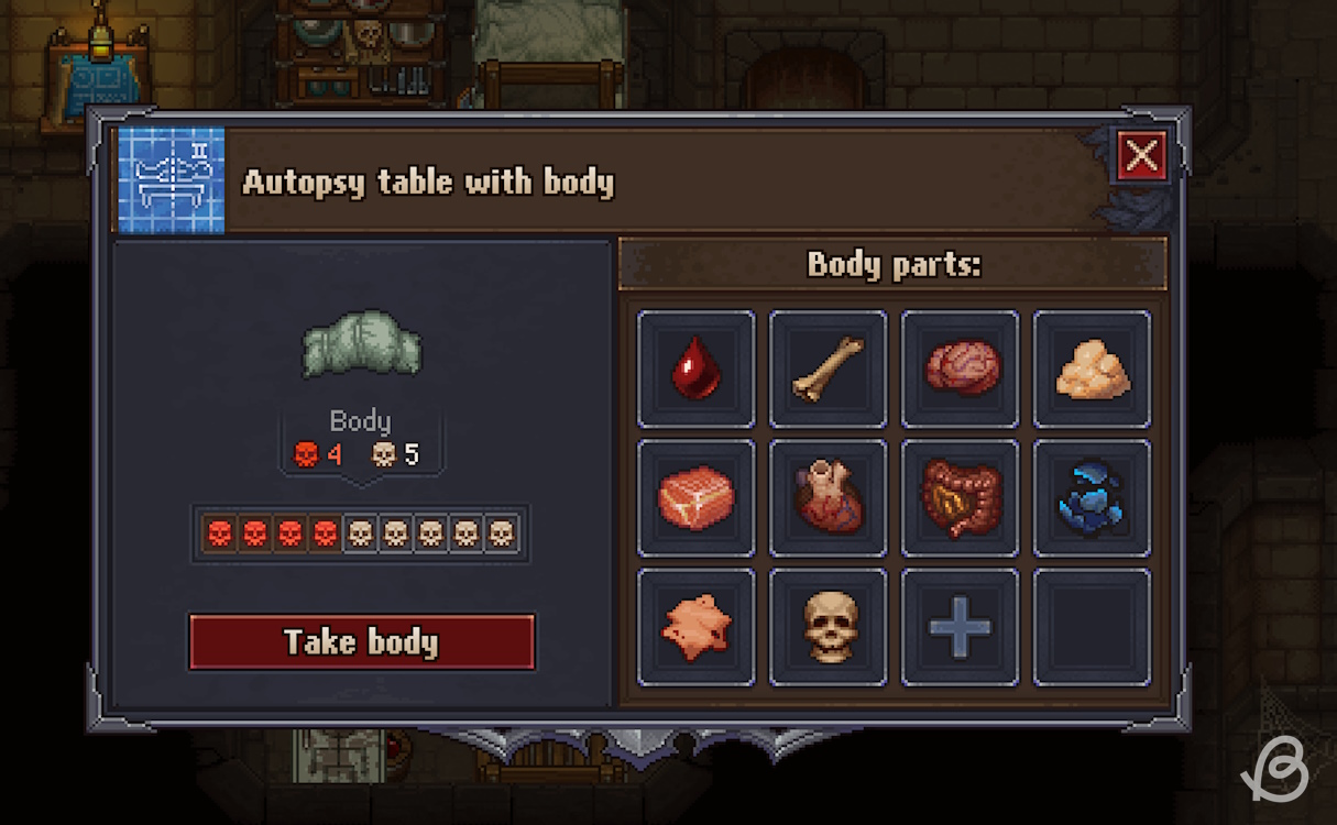 More advanced corpse with four red skulls and five white skulls in Graveyard Keeper