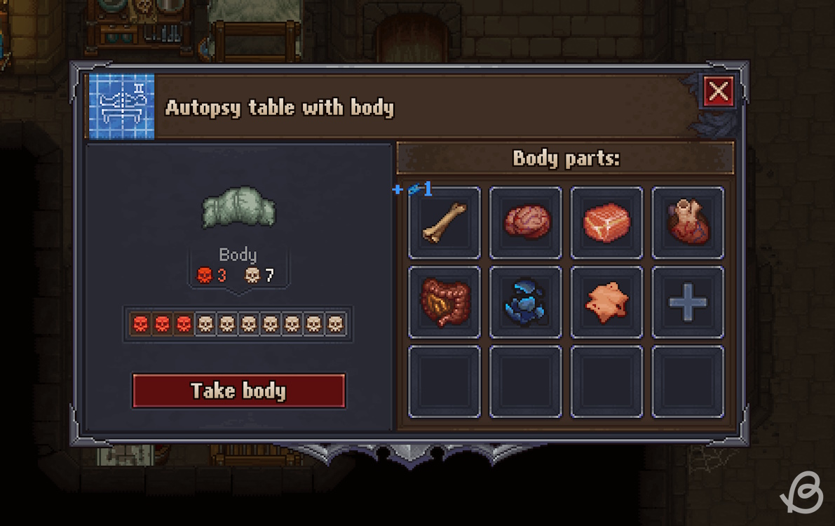 Removed skull so the corpse has three red skulls and seven white skulls in Graveyard Keeper