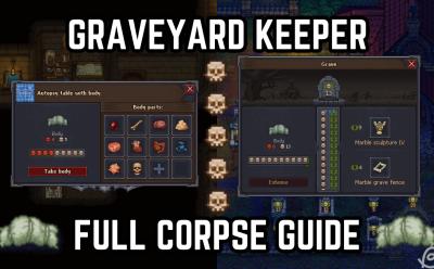 Corpse on the autopsy table and a buried corpse with a great grave rating in Graveyard Keeper