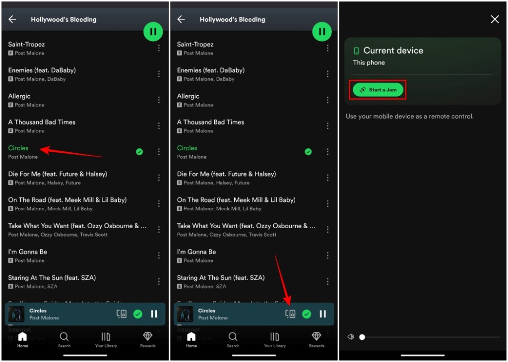Starting a Jam on Spotify from the devices option