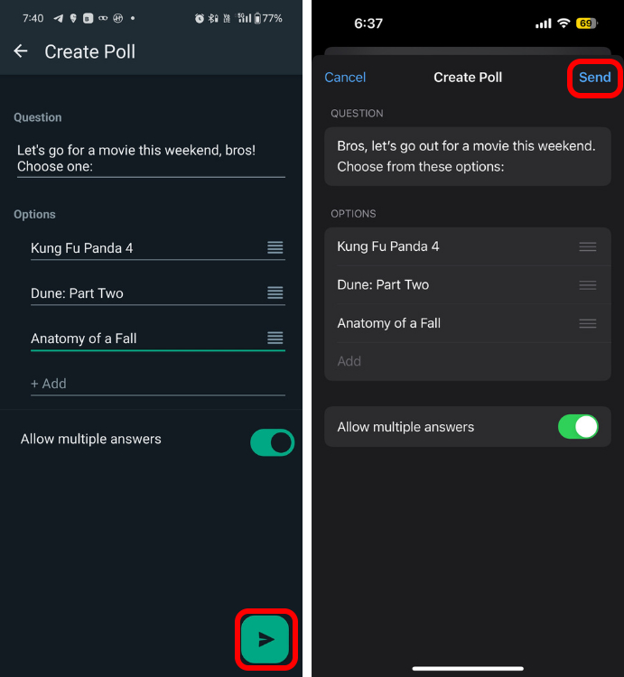 Send icon placement for WhatsApp Polls on Android and iOS