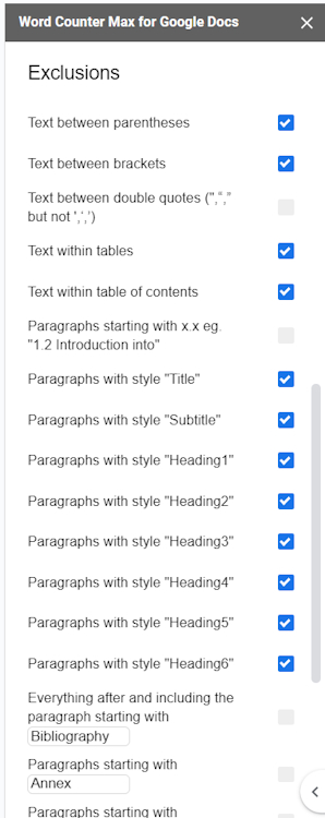 Creating exclusions on Word Counter Max for Google Docs