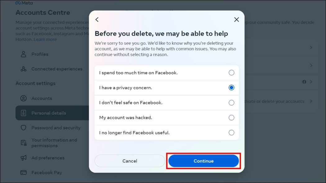 Choose reason to delete account