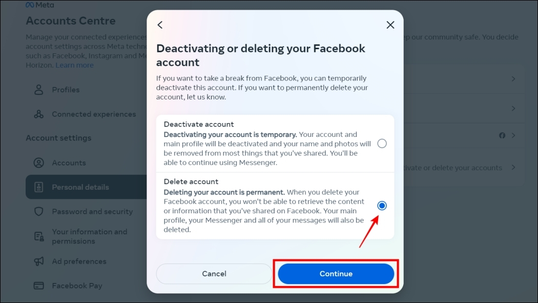 Choose Delete account option
