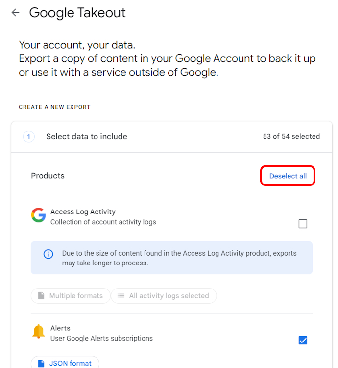 Deselect all button on the Google Takeout page