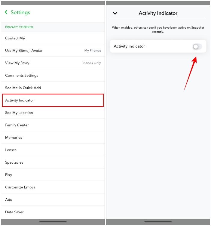 Turn off Activity indicator on Snapchat