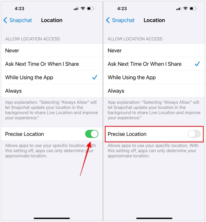 Disable precise location sharing Snapchat