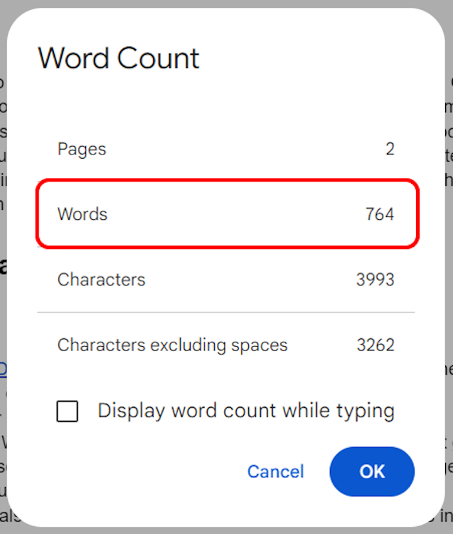 Displaying the word count on Google Docs